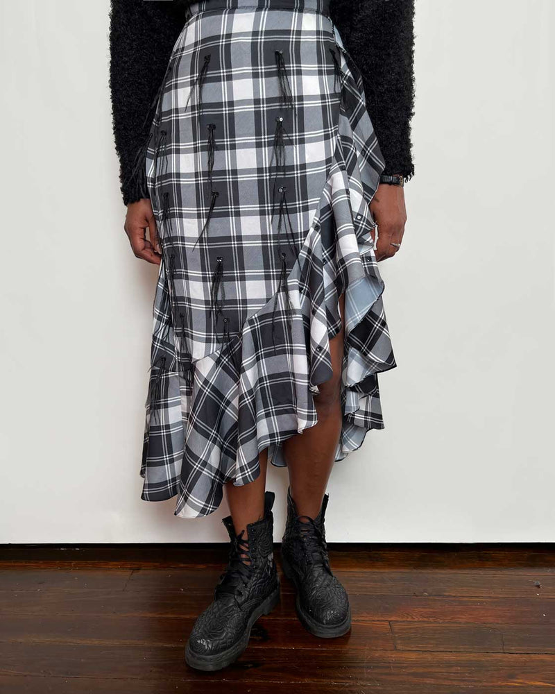 Plaid and Feathered Wrap Skirt